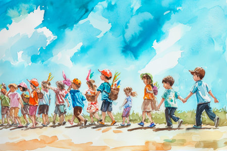 A watercolor illustration of a group of children having a parade on Easter.の素材