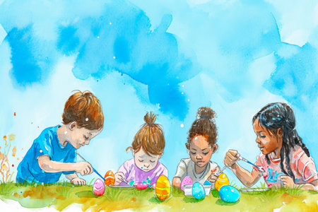 A watercolor illustration of a group of children painting Easter eggs.の素材