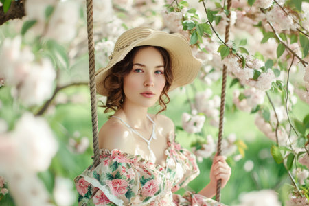 a woman in a floral dress and a straw hat sitting on a swing in a garden, in the style of spring, feminine, whimsical.の素材