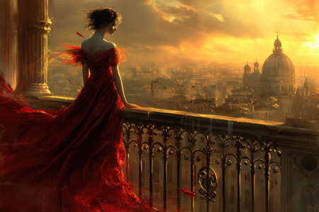 a woman in a long red gown and a mask standing on a balcony overlooking a city, in the style of glamorous, mysterious, elegant.の素材