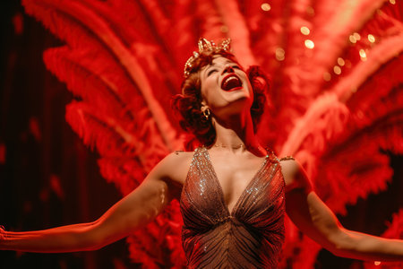 a woman in a sequined dress and a feather boa singing on a cabaret stage, in the style of retro, glamorous, theatrical.の素材