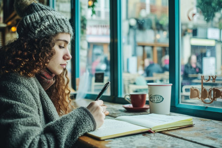 A writer writing a novel in a cafe with a pen and an imaginative look on their face and a notebook.の素材