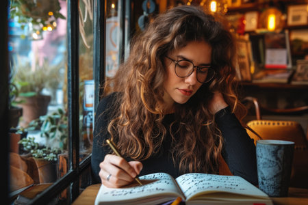 A writer writing a novel in a cafe with a pen and an imaginative look on their face and a notebook with a title on their cover.の素材