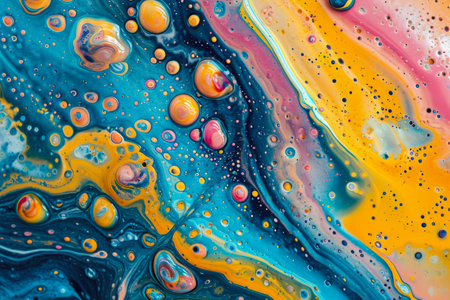 An abstract background of colorful paint, with bubbles rising to the surface.の素材