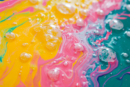 An abstract background of colorful paint, with bubbles rising to the surface.の素材