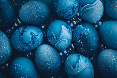 background of monochromatic Easter eggs seen from above. The colors are all shades of blue, and there are waves and bubbles on the eggs.の素材