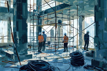 construction site with a group of workers installing electrical wiring in a new building.の素材