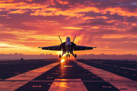 fighter jet taking off from a runway at sunset. The sky is a beautiful shade of orange and pink, and there are clouds in the distance.の素材
