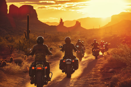 group of bikers riding through a desert landscape at night. The riders are wearing helmets and leather jackets, and there are cacti and rock formations in the background.の素材