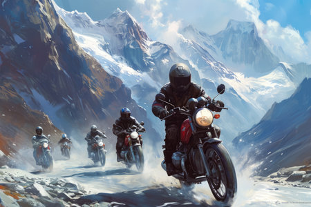 group of motorcyclists riding through a mountain pass. The riders are wearing helmets and leather jackets, and there are snow-capped peaks in the background.の素材