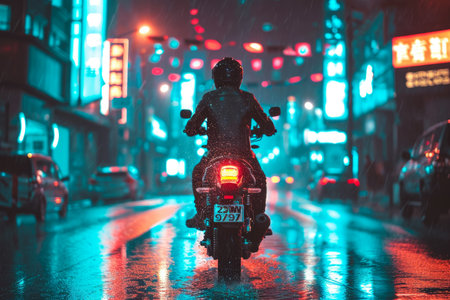man riding a motorcycle through a city at night during a thunderstorm.の素材