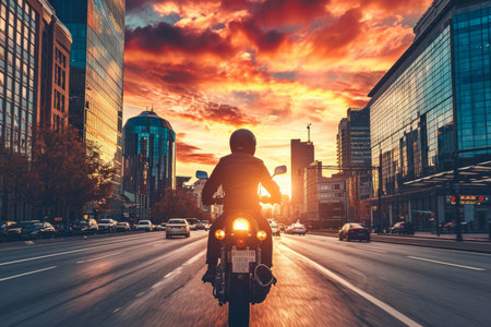 man riding a motorcycle through a city at sunset. The sky is a beautiful shade of orange and pink, and there are other vehicles on the road.の素材