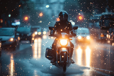 man riding a motorcycle through a city during a rainstorm. The streets are slick with rain, and there are other vehicles on the road.の素材
