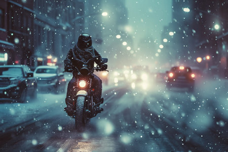 man riding a motorcycle through a city during a rainstorm. The streets are slick with rain, and there are other vehicles on the road.の素材