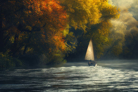 person sailing a boat on a river. The water is moving quickly, and there are trees and foliage on the banks.の素材