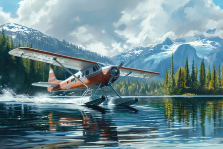 seaplane taking off from a lake. The water is calm, and there are trees and mountains in the background.の素材
