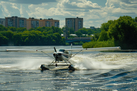 seaplane taking off from a river. The water is choppy, and there are trees and buildings in the background.の素材