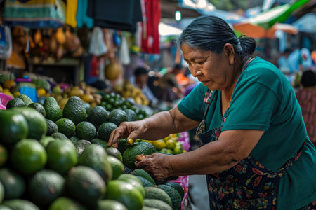 woman buying avocados from a street vendor in a busy market. The vendor is wearing a green shirt, and there are other vendors selling goods nearby.の素材