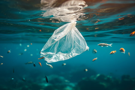 close-up of a plastic bag in the ocean. The bag is floating in the water, and there are fish swimming around itの素材