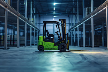 forklift with a green color and a vehicle shape and a warehouse overlay on the forkの素材