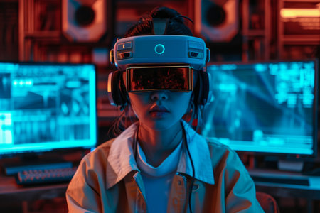 model missing their work with a keyboard and a screen in the background and a glasses and a headset on their headの素材