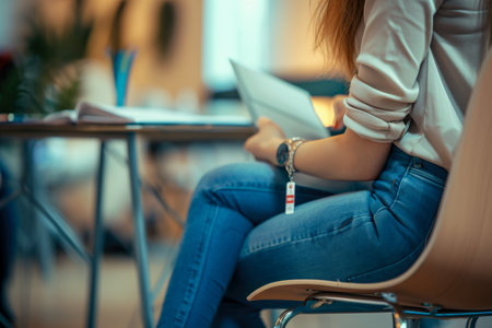 model missing their work with a meeting and a table in the background and a folder and a badge on their lapの素材