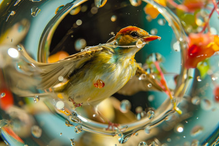 close-up of a bird caught in a plastic ring. The bird is struggling to fly, and there are other birds in the backgroundの素材
