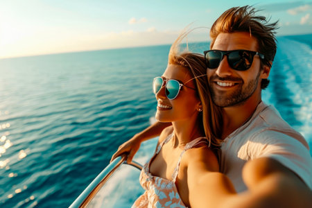 young couple on a plane flying over the ocean, wearing sunglasses and holding handsの素材