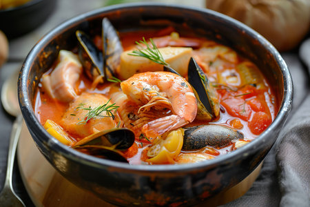 A bowl of bouillabaisse, a traditional fish stew made with various types of fish and shellfishの素材
