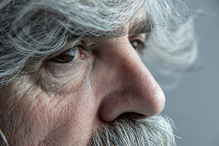 A close-up of head with gray hair and a mustacheの素材