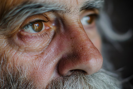 A close-up o face with gray hair and a beardの素材