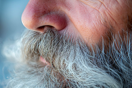 A close-up of face with gray hair and a beardの素材