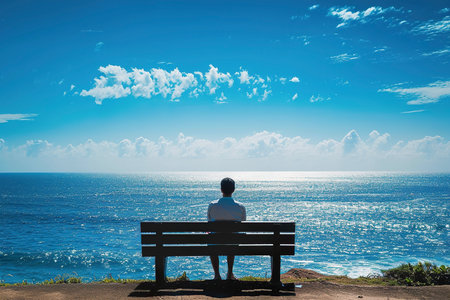 A man sitting on a bench, looking out at the ocean on a sunny dayの素材