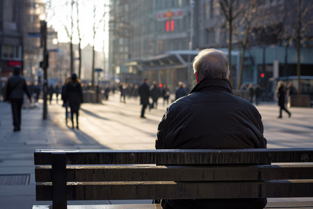 A man sitting on a bench, watching people walk by on a sunny dayの素材