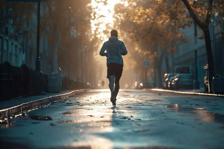 A man jogging down a streetの素材