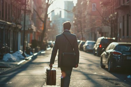 A man walking down a street, carrying a briefcase on a sunny dayの素材
