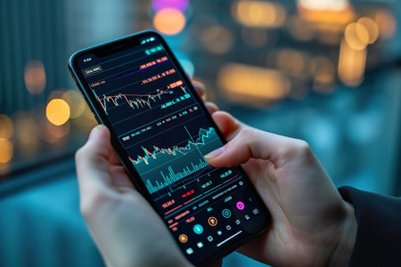 A person holding a smartphone with a cryptocurrency trading app open. The app displays real-time market data and chartsの素材