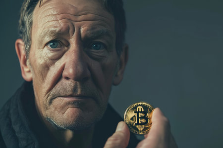 A middle-aged man holding a Bitcoin in his hand, with a look of pride on his faceの素材