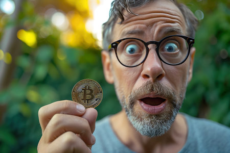 A middle-aged man holding a Bitcoin in his hand, with a look of surprise on his face.の素材