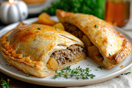 A plate of Cornish pasty, a baked pastry filled with beef, potatoes, onions, and swedeの素材