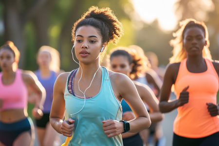 A group of multiethnic women jogging on a street with soft diffused light and blurred background, wearing colorful workout clothes and earbudsの素材