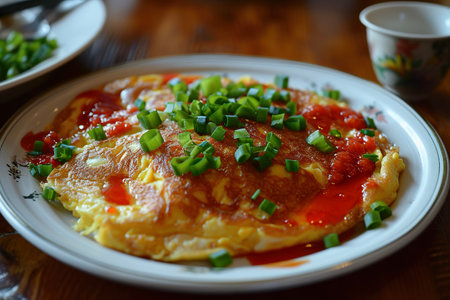 A plate of egg foo young, an omelette dish found in Chinese Indonesian, British, and Chinese American cuisineの素材