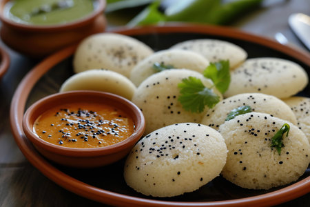 A plate of idli, a savory cake made by steaming a batter consisting of fermented black lentils and rice. It is a staple food in South Indian cuisineの素材