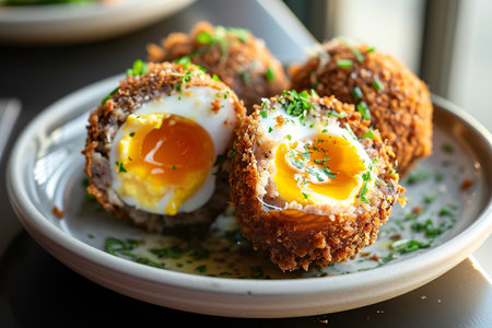 A plate of Scotch egg, a hard-boiled egg wrapped in sausage meat, coated in breadcrumbs, and deep-fried.の素材