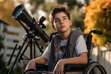 A portrait of a teenage boy in a wheelchair, with a look of curiosity on his face and a telescope by his sideの素材