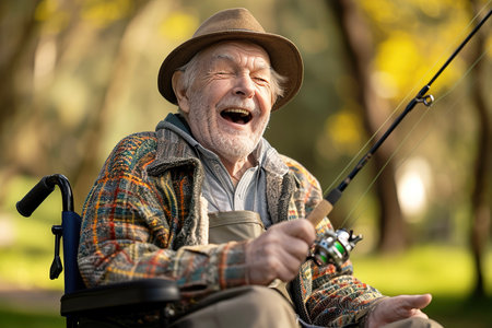 A portrait of an elderly man in a wheelchair, with a look of excitement on his face and a fishing rod in his lapの素材