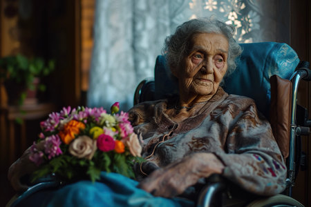 A portrait of an elderly woman in a wheelchair, with a look of satisfaction on her face and a bouquet of flowers in her lapの素材
