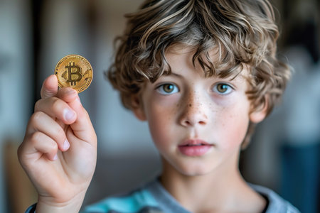 A teenage boy holding a Bitcoin in his hand, with a look of curiosity on his faceの素材