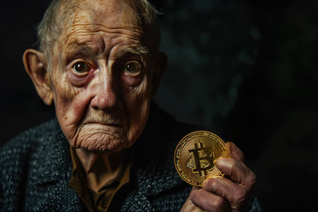 An elderly man holding a Bitcoin in his hand, with a look of skepticism on his faceの素材
