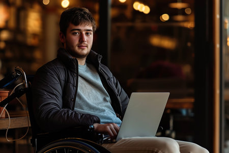 A portrait of a young man in a wheelchair, with a look of confidence on his face and a laptop on his lapの素材